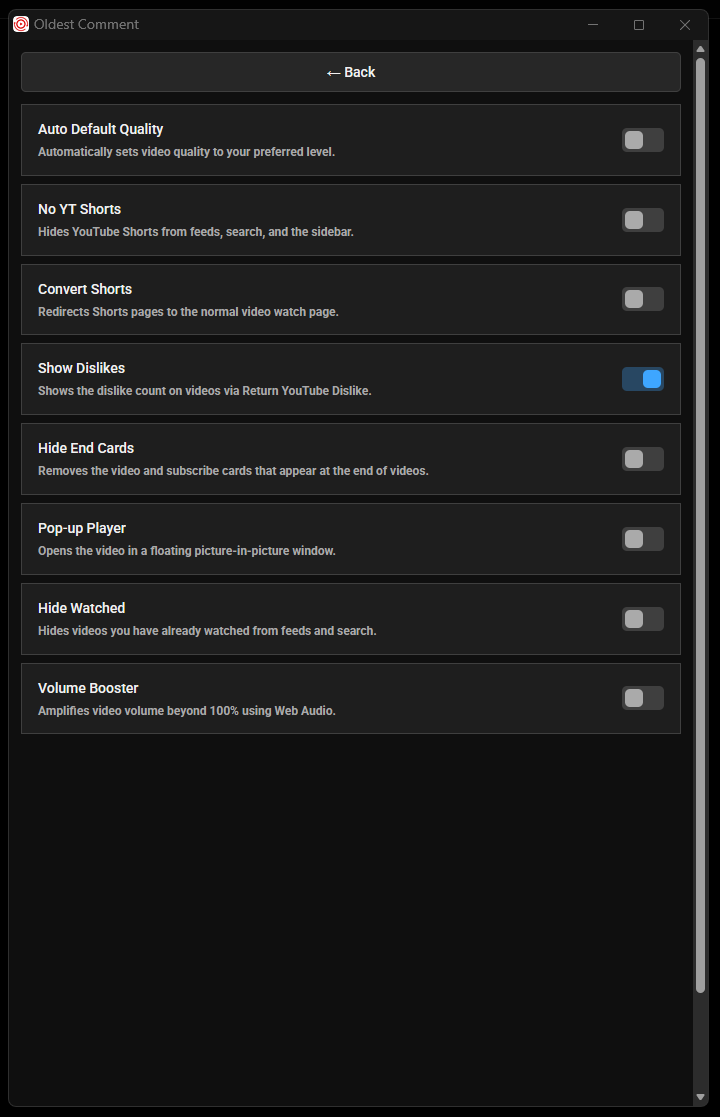 Oldest Comment Chrome extension secondary panel showing additional options including comment filtering and display settings