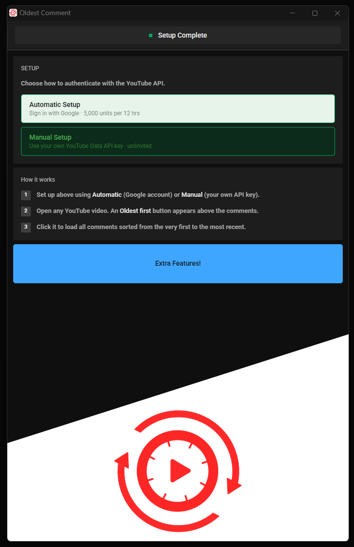 Oldest Comment Chrome extension popup showing Setup Complete status with the Oldest First sort button active on a YouTube video